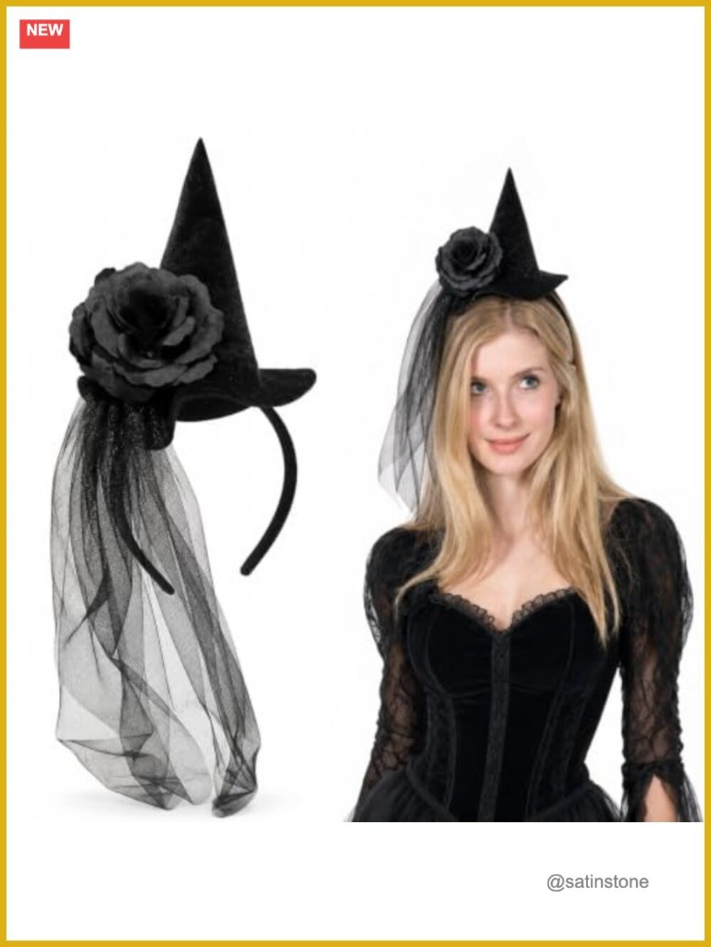Witch Hat Headband with Two Black Flowers and Long Veil Halloween Headband
